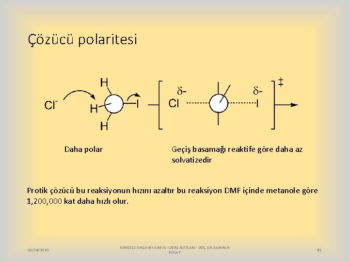 Çözücü polaritesi Daha polar Geçiş basamağı reaktife göre daha az solvatizedir Protik çözücü bu