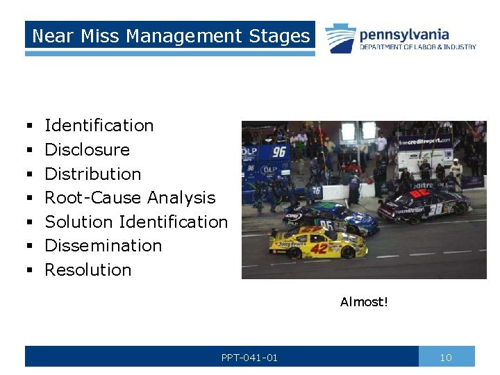 Near Miss Management Stages § § § § Identification Disclosure Distribution Root-Cause Analysis Solution