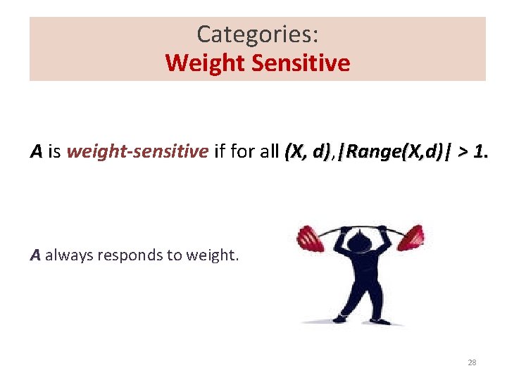 Categories: Weight Sensitive A is weight-sensitive if for all (X, d) |Range(X, d)| >