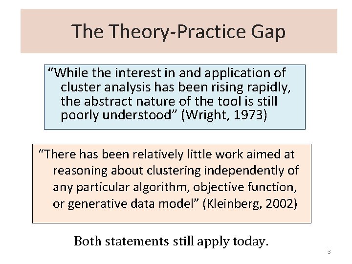 The Theory-Practice Gap “While the interest in and application of cluster analysis has been