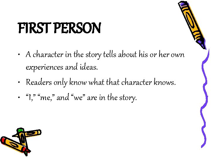 FIRST PERSON • A character in the story tells about his or her own