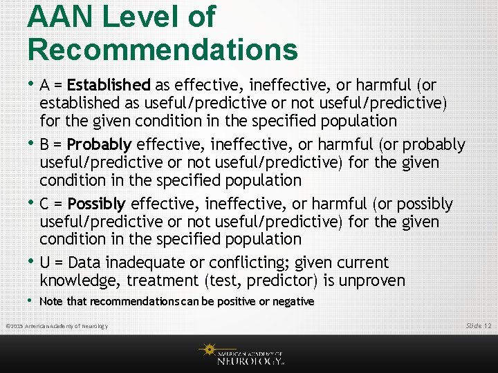 AAN Level of Recommendations • A = Established as effective, ineffective, or harmful (or