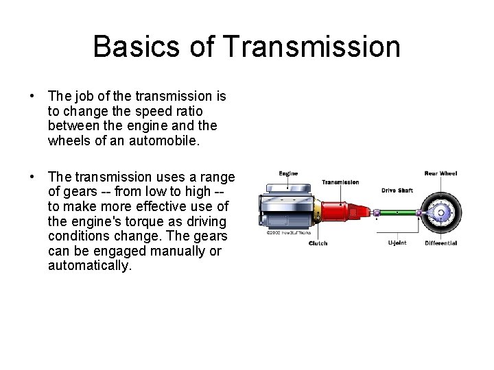 Basics of Transmission • The job of the transmission is to change the speed Basics of Transmission • The job of the transmission is to change the speed