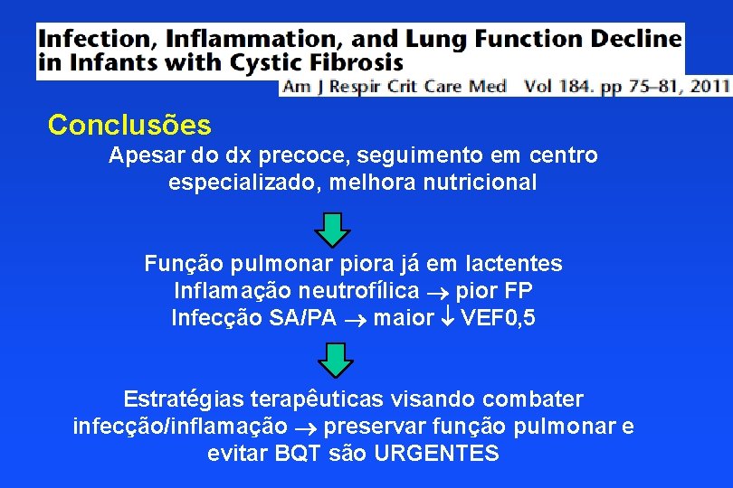 Conclusões Apesar do dx precoce, seguimento em centro especializado, melhora nutricional Função pulmonar piora