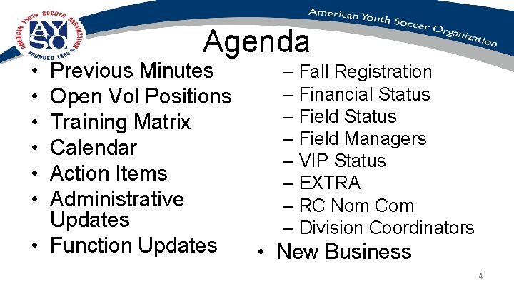  • • • Agenda Previous Minutes Open Vol Positions Training Matrix Calendar Action
