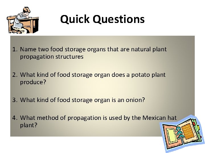 Quick Questions 1. Name two food storage organs that are natural plant propagation structures
