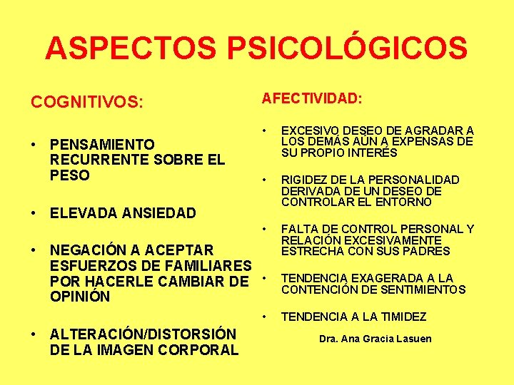 ASPECTOS PSICOLÓGICOS COGNITIVOS: • PENSAMIENTO RECURRENTE SOBRE EL PESO AFECTIVIDAD: • EXCESIVO DESEO DE