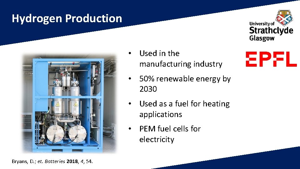 Hydrogen Production • Used in the manufacturing industry • 50% renewable energy by 2030