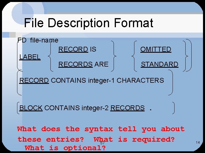 File Description Format FD file-name LABEL RECORD IS OMITTED RECORDS ARE STANDARD RECORD CONTAINS