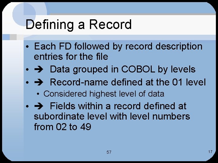 Defining a Record • Each FD followed by record description entries for the file