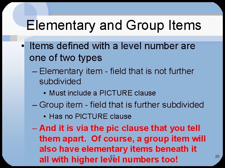 Elementary and Group Items • Items defined with a level number are one of