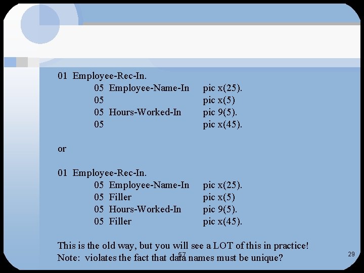 01 Employee-Rec-In. 05 Employee-Name-In 05 05 Hours-Worked-In 05 pic x(25). pic x(5) pic 9(5).