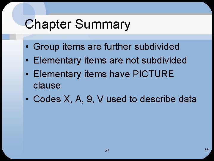 Chapter Summary • Group items are further subdivided • Elementary items are not subdivided