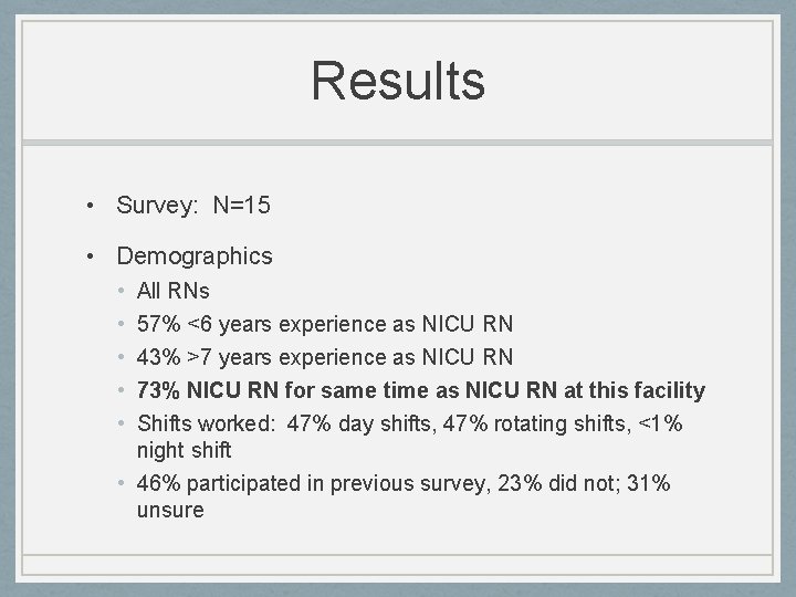 Results • Survey: N=15 • Demographics • • • All RNs 57% <6 years