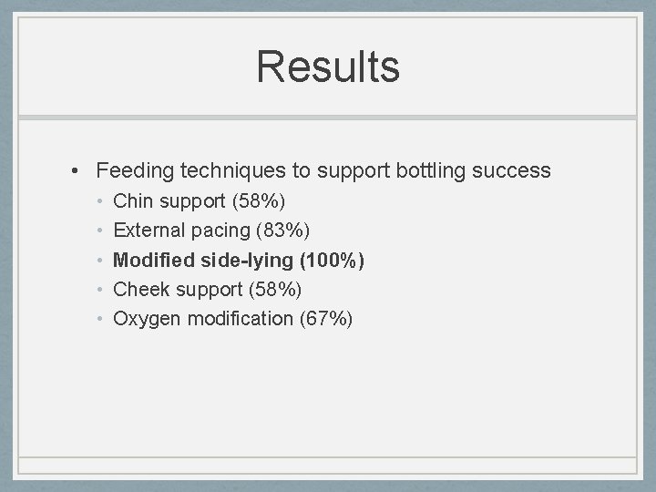 Results • Feeding techniques to support bottling success • • • Chin support (58%)