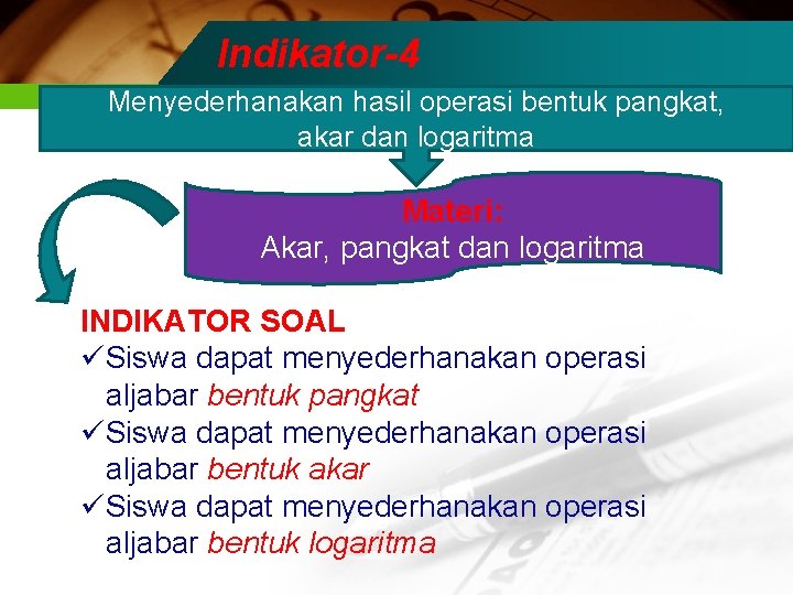 Indikator-4 Menyederhanakan hasil operasi bentuk pangkat, akar dan logaritma Materi: Akar, pangkat dan logaritma