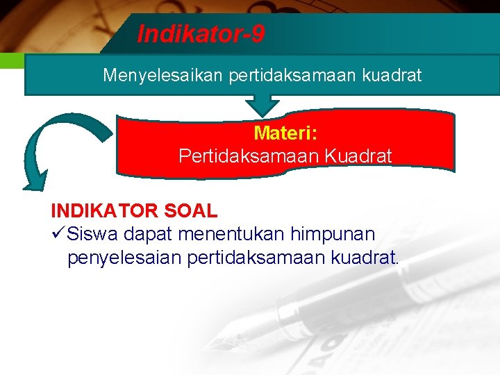 Indikator-9 Menyelesaikan pertidaksamaan kuadrat Materi: Pertidaksamaan Kuadrat INDIKATOR SOAL üSiswa dapat menentukan himpunan penyelesaian