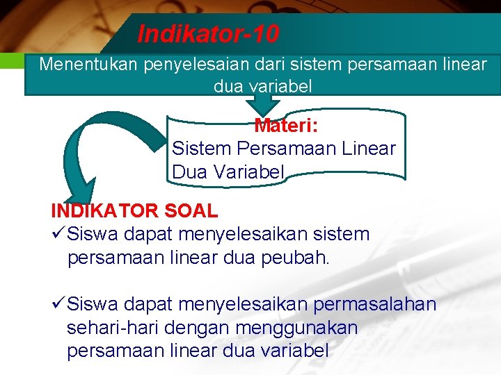 Indikator-10 Menentukan penyelesaian dari sistem persamaan linear dua variabel Materi: Sistem Persamaan Linear Dua