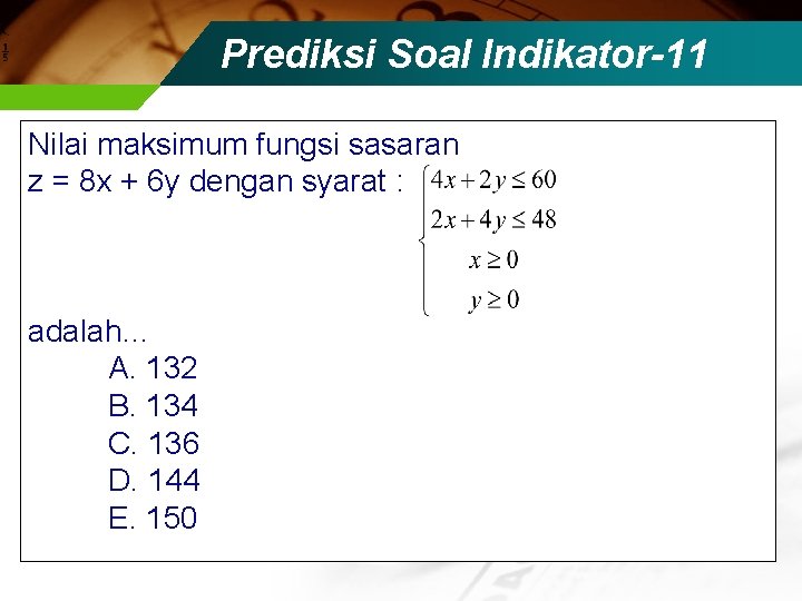 Prediksi Soal Indikator-11 Nilai maksimum fungsi sasaran z = 8 x + 6 y
