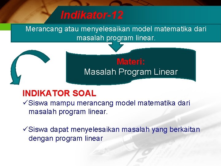 Indikator-12 Merancang atau menyelesaikan model matematika dari masalah program linear. Materi: Masalah Program Linear