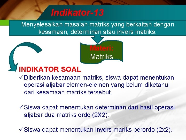 Indikator-13 Menyelesaikan masalah matriks yang berkaitan dengan kesamaan, determinan atau invers matriks. Materi: Matriks