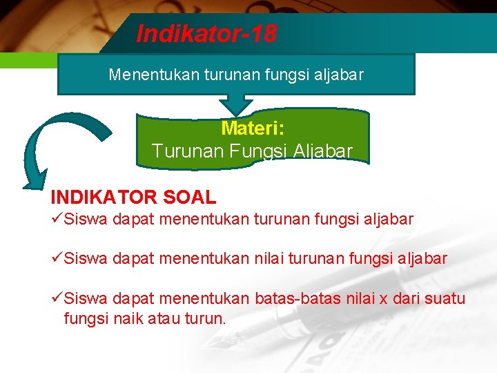 Indikator-18 Menentukan turunan fungsi aljabar Materi: Turunan Fungsi Aljabar INDIKATOR SOAL üSiswa dapat menentukan