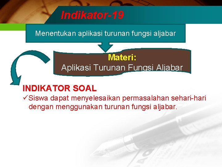 Indikator-19 Menentukan aplikasi turunan fungsi aljabar Materi: Aplikasi Turunan Fungsi Aljabar INDIKATOR SOAL üSiswa