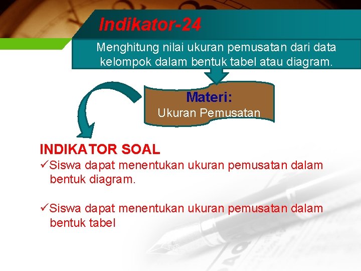 Indikator-24 Menghitung nilai ukuran pemusatan dari data kelompok dalam bentuk tabel atau diagram. Materi: