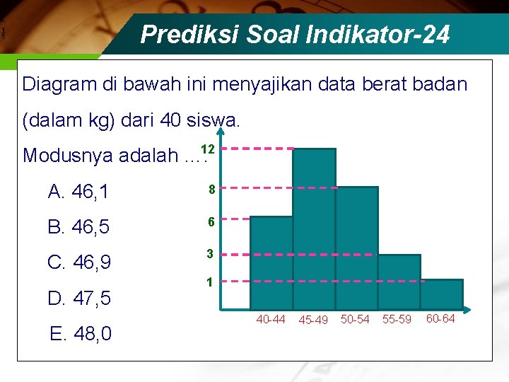 Prediksi Soal Indikator-24 Diagram di bawah ini menyajikan data berat badan (dalam kg) dari