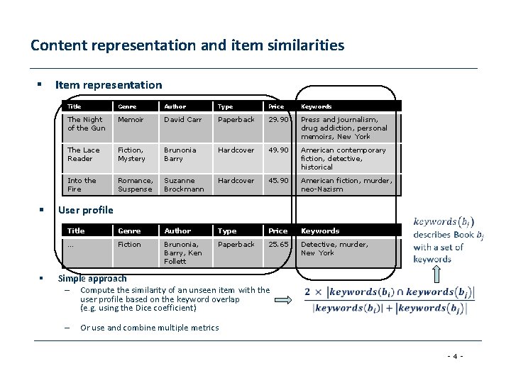 Content representation and item similarities § § § Item representation Title Genre Author Type