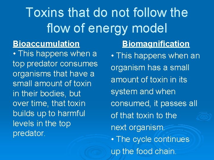 Toxins that do not follow the flow of energy model Bioaccumulation • This happens