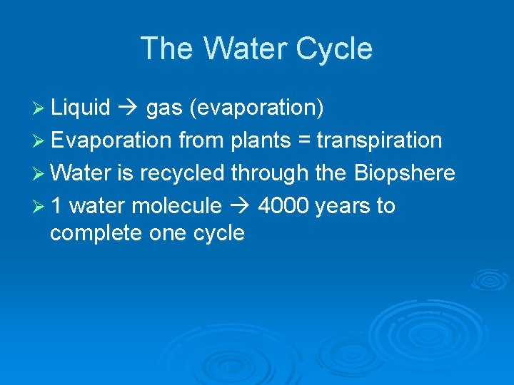 The Water Cycle Ø Liquid gas (evaporation) Ø Evaporation from plants = transpiration Ø