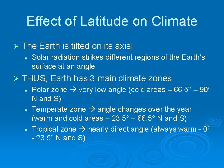 Effect of Latitude on Climate Ø The Earth is tilted on its axis! l