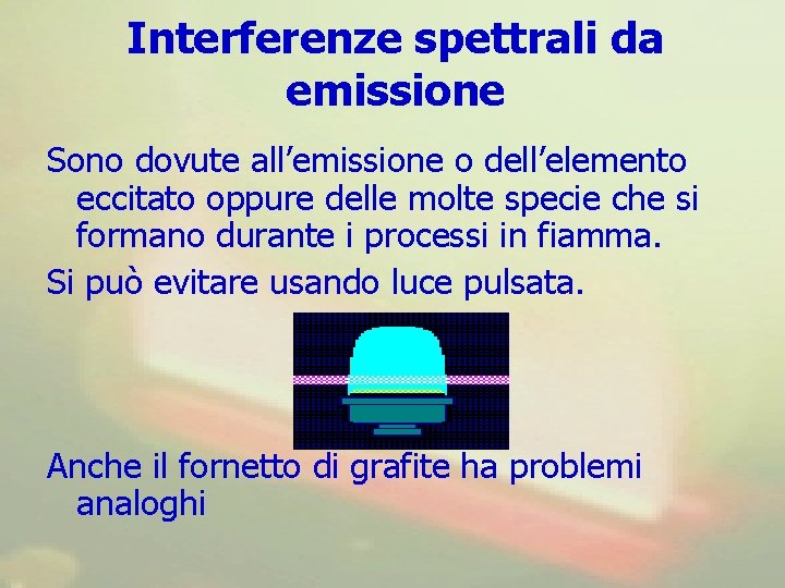 Interferenze spettrali da emissione Sono dovute all’emissione o dell’elemento eccitato oppure delle molte specie