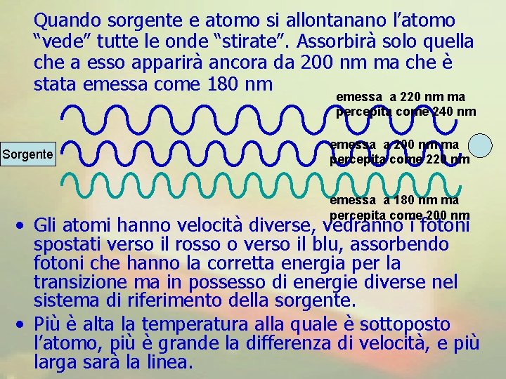 Quando sorgente e atomo si allontanano l’atomo “vede” tutte le onde “stirate”. Assorbirà solo