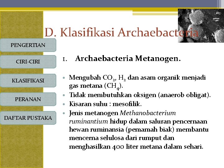 D. Klasifikasi Archaebacteria PENGERTIAN CIRI-CIRI KLASIFIKASI PERANAN DAFTAR PUSTAKA 1. Archaebacteria Metanogen. • Mengubah