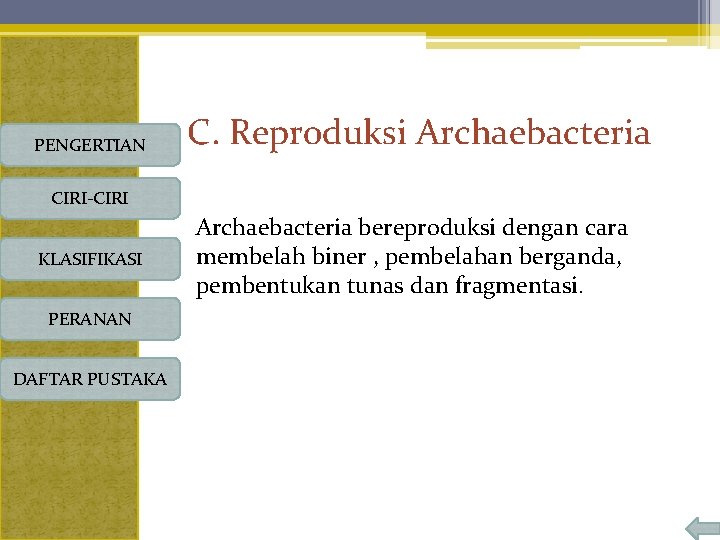 PENGERTIAN C. Reproduksi Archaebacteria CIRI-CIRI KLASIFIKASI PERANAN DAFTAR PUSTAKA Archaebacteria bereproduksi dengan cara membelah