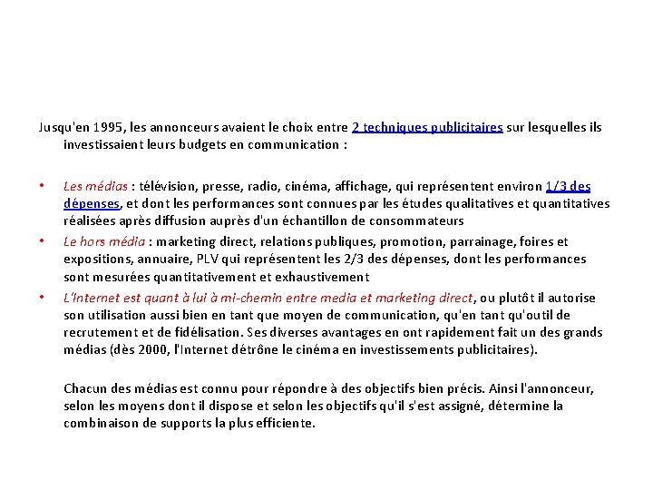 Jusqu'en 1995, les annonceurs avaient le choix entre 2 techniques publicitaires sur lesquelles ils