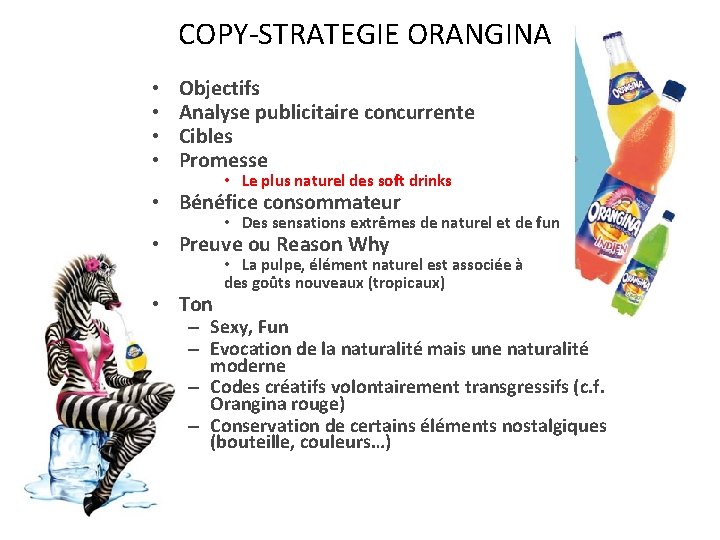 COPY-STRATEGIE ORANGINA • • Objectifs Analyse publicitaire concurrente Cibles Promesse • Le plus naturel