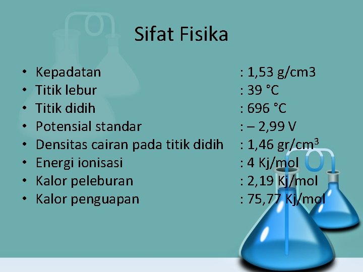 Sifat Fisika • • Kepadatan Titik lebur Titik didih Potensial standar Densitas cairan pada