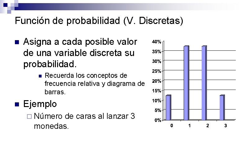 Función de probabilidad (V. Discretas) n Asigna a cada posible valor de una variable