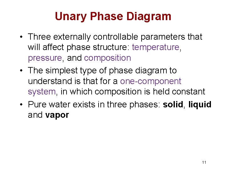 Unary Phase Diagram • Three externally controllable parameters that will affect phase structure: temperature,