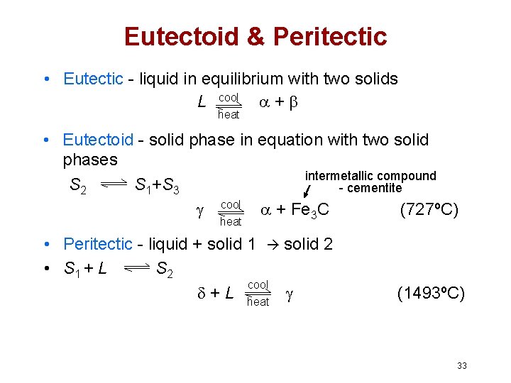 Eutectoid & Peritectic • Eutectic - liquid in equilibrium with two solids L cool