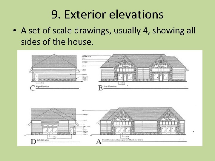 9. Exterior elevations • A set of scale drawings, usually 4, showing all sides