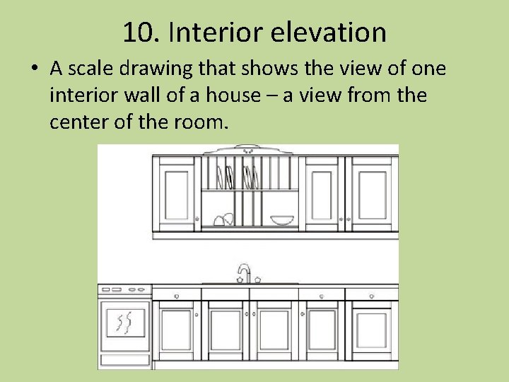 10. Interior elevation • A scale drawing that shows the view of one interior