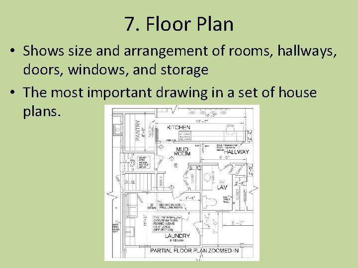 7. Floor Plan • Shows size and arrangement of rooms, hallways, doors, windows, and