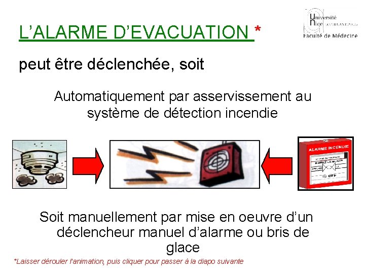 L’ALARME D’EVACUATION * peut être déclenchée, soit Automatiquement par asservissement au système de détection