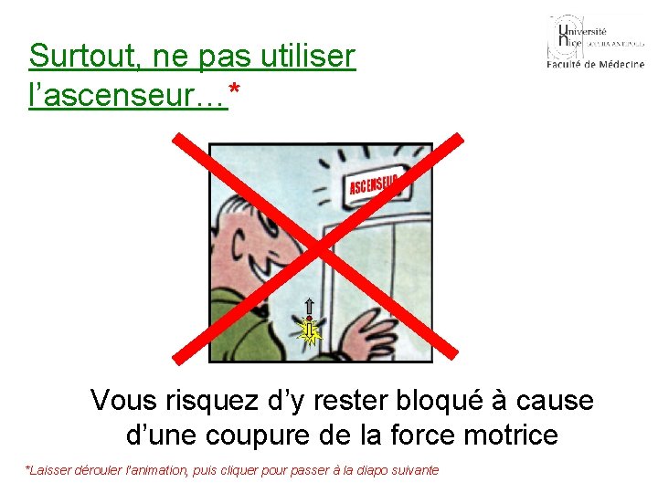 Surtout, ne pas utiliser l’ascenseur…* Vous risquez d’y rester bloqué à cause d’une coupure