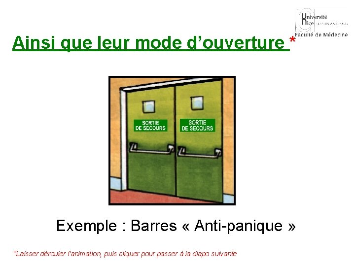 Ainsi que leur mode d’ouverture * Exemple : Barres « Anti-panique » *Laisser dérouler