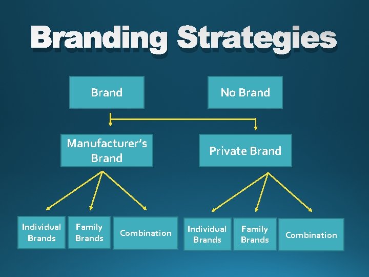 Branding Strategies Individual Brands Brand No Brand Manufacturer’s Brand Private Brand Family Brands Combination